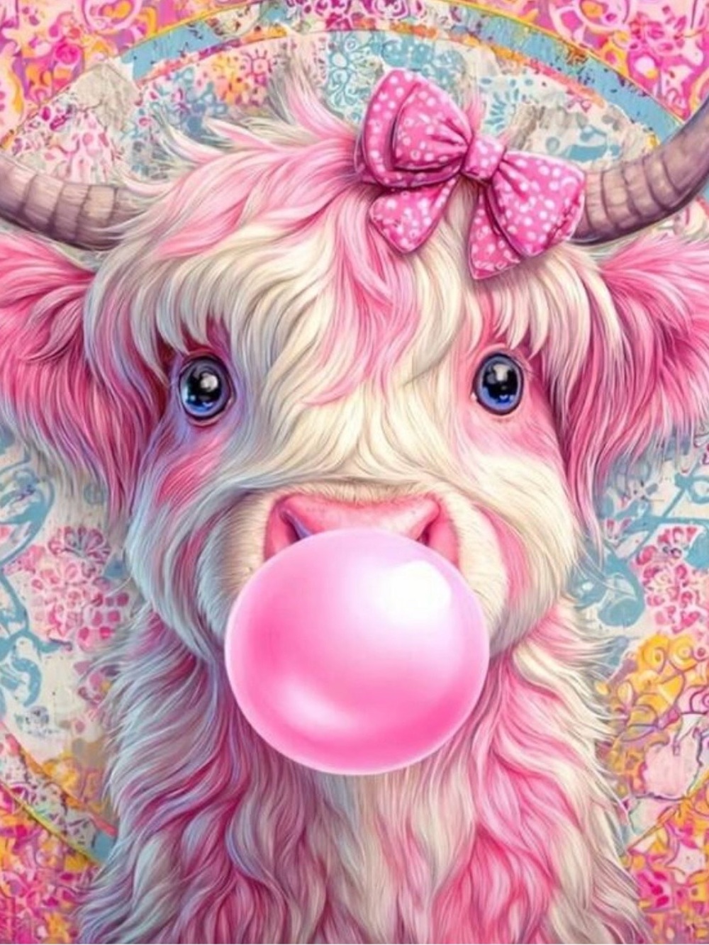 Diamond Art Kit 12x12 Pink Highland Cow Bubblegum Art Print - Whimsical Home Art